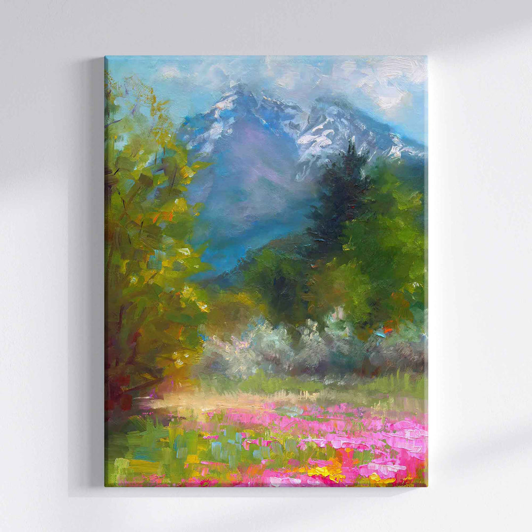 Alaskan landscape canvas wall art print wildflower field in front of Pioneer Peak, original painted by contemporary impressionist fine artist Talya Johnson.