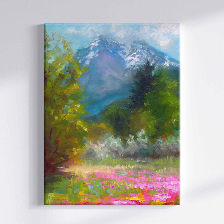 Alaskan landscape canvas wall art print wildflower field in front of Pioneer Peak, original painted by contemporary impressionist fine artist Talya Johnson. 