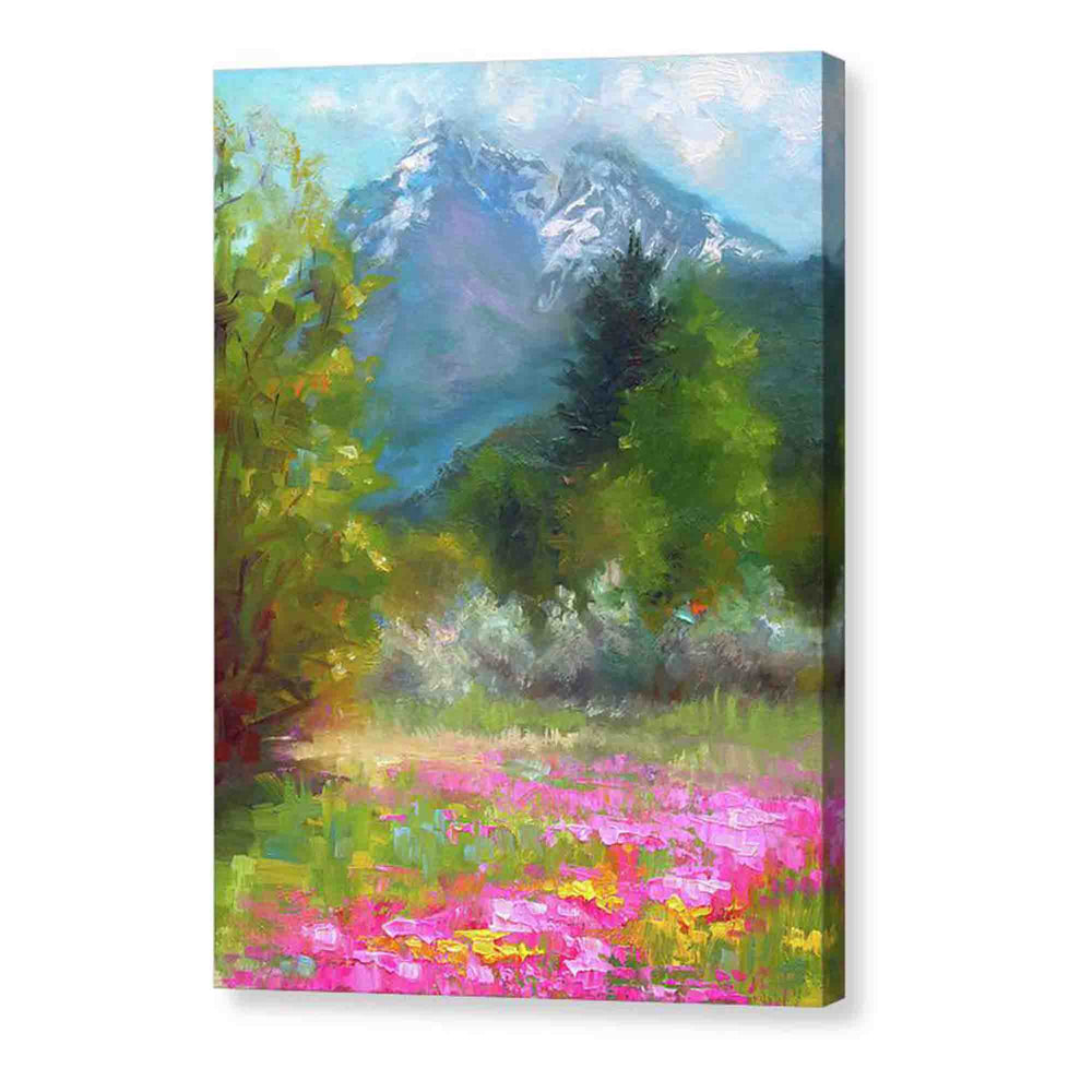 Alaskan landscape canvas wall art print wildflower field in front of Pioneer Peak, original painted by contemporary impressionist fine artist Talya Johnson.