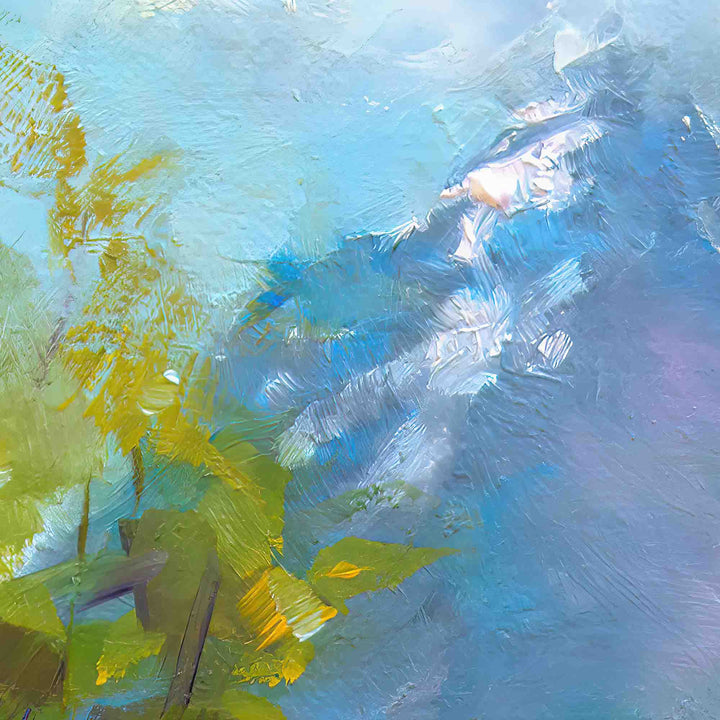Detailed close up of Alaskan landscape wildflower field in front of Pioneer Peak, original painted by contemporary impressionist fine artist Talya Johnson.