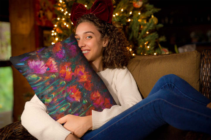 christmas decor mockup with woman and tree Up from the Ashes Throw Pillow featuring fiery red poppies by talya johnson