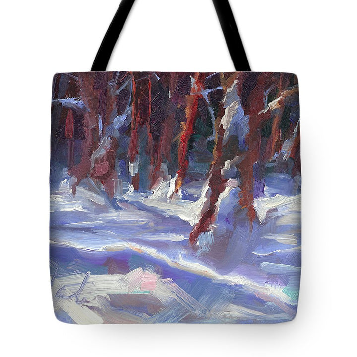 Snow Laden - winter snow covered trees - Tote Bag