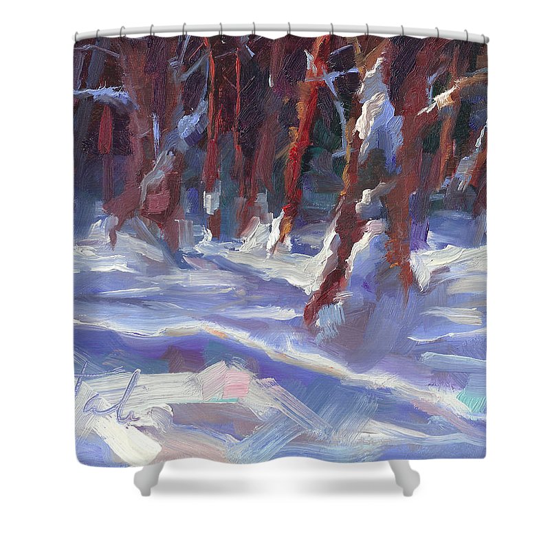 Snow Laden - winter snow covered trees - Shower Curtain