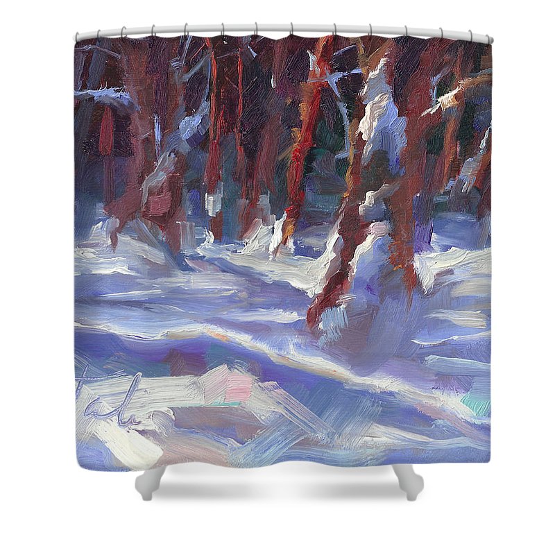 Snow Laden - winter snow covered trees - Shower Curtain