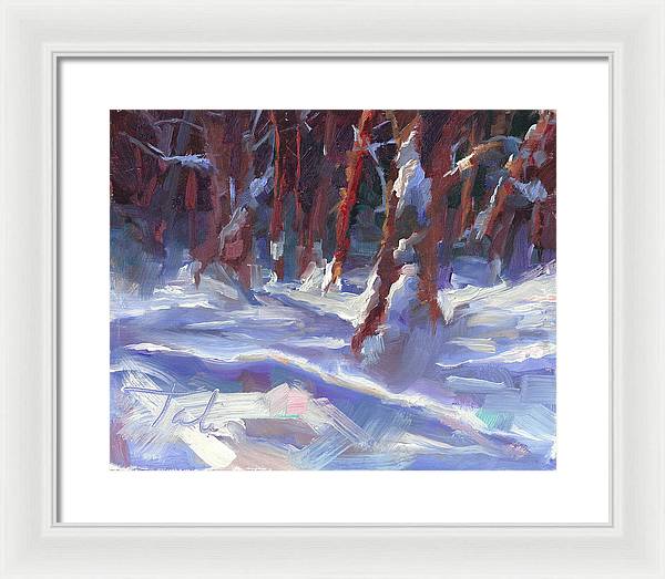 Snow Laden - winter snow covered trees - Framed Print