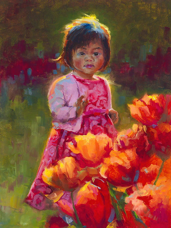Tulip Princess - Impressionist Girl with flower in Pink Dress and Orange Tulips - Art Print