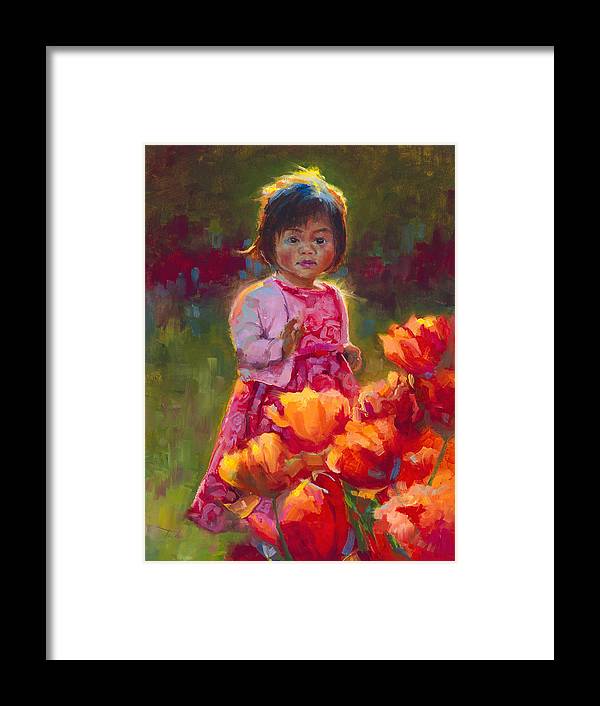 Tulip Princess - Impressionist Girl in Pink Dress With Orange Tulips - Framed Print