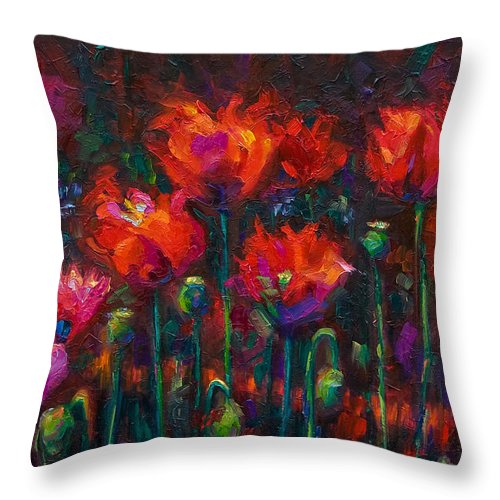 Up from the Ashes Throw Pillow featuring fiery red poppies by talya johnson