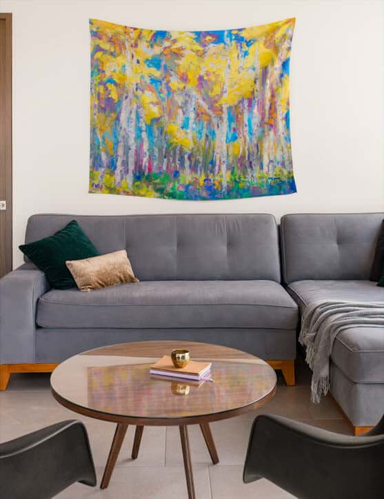 Wall tapestry featuring aspen tree oil painting, hanging in contemporary decor living room.