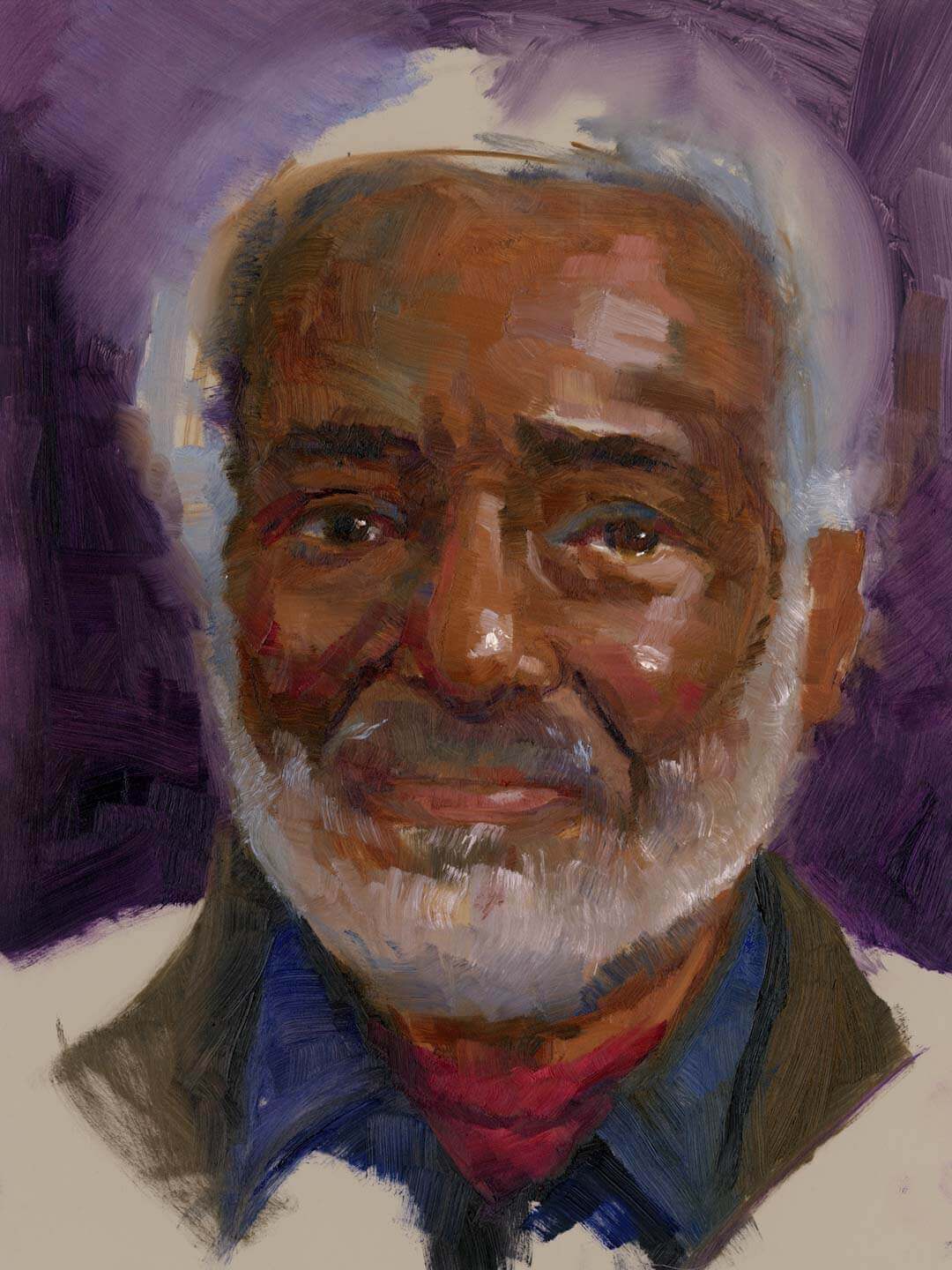 Oil portrait of a black man with gray hair and beard by artist Talya Johnson