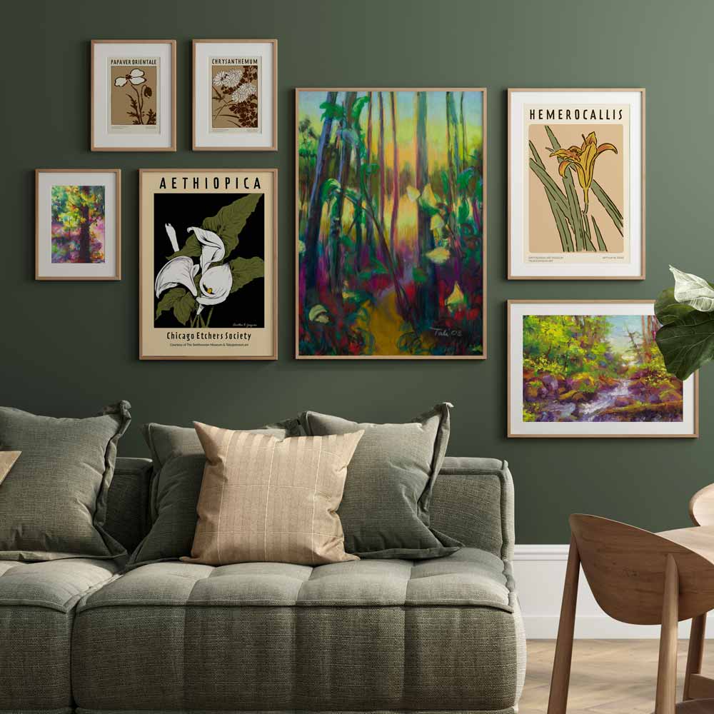 Green interior with wall art gallery.