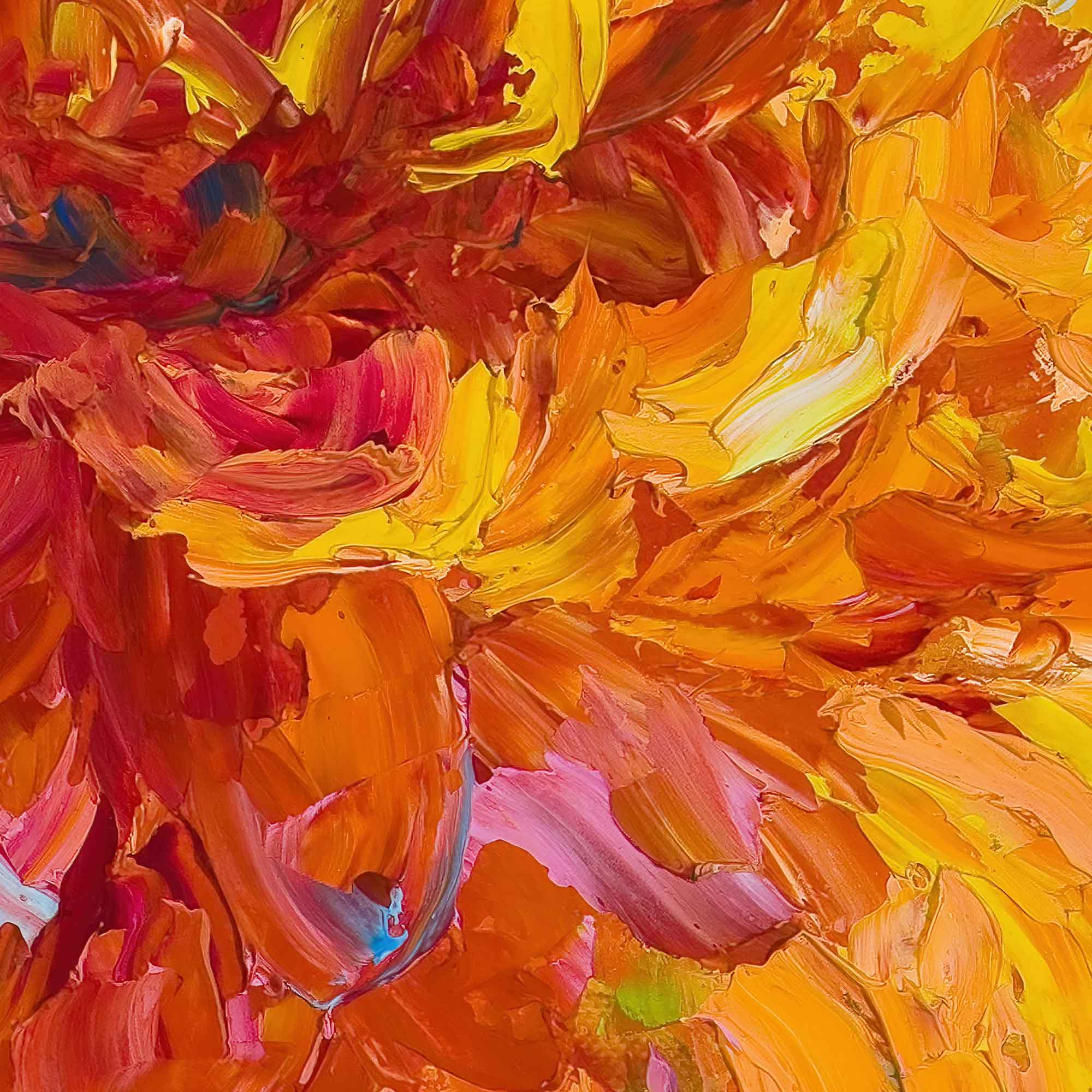 Close up detail of impasto painting of orange dahlias