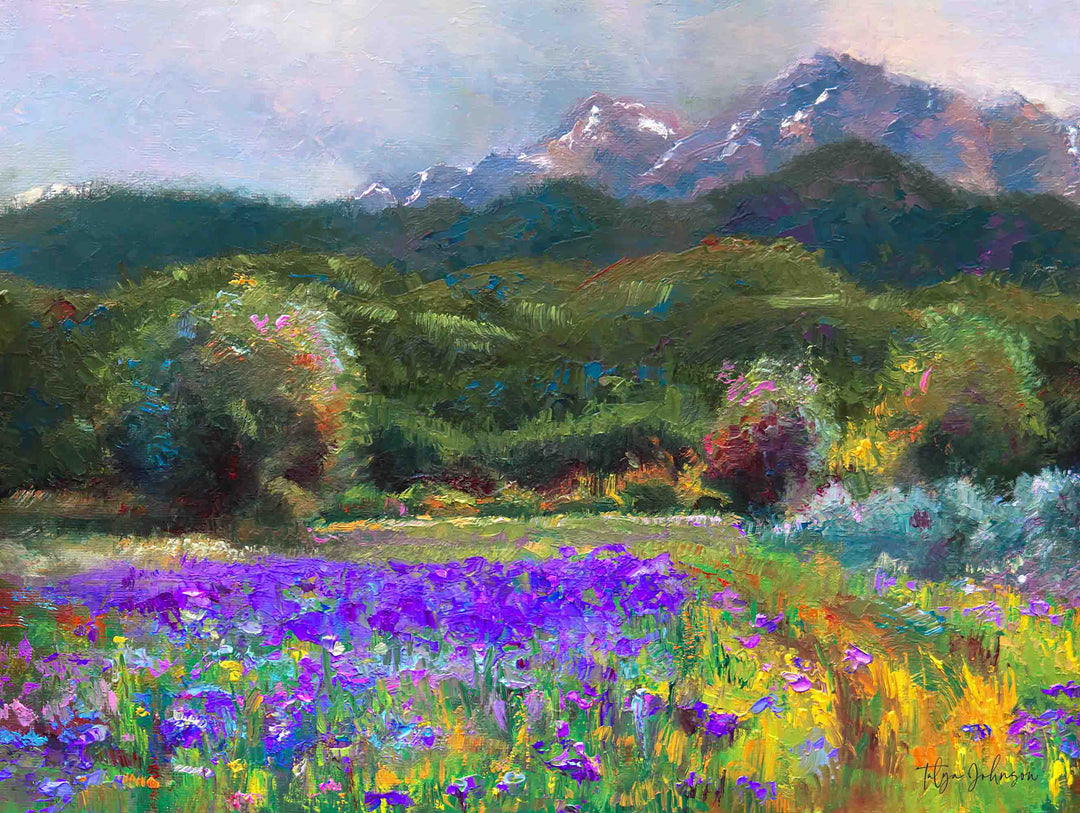 Alaska art of original oil painting flower landscape painted with a palette knife in modern impressionism style depicting wild iris flower landscape with mountains and trees in the background.
