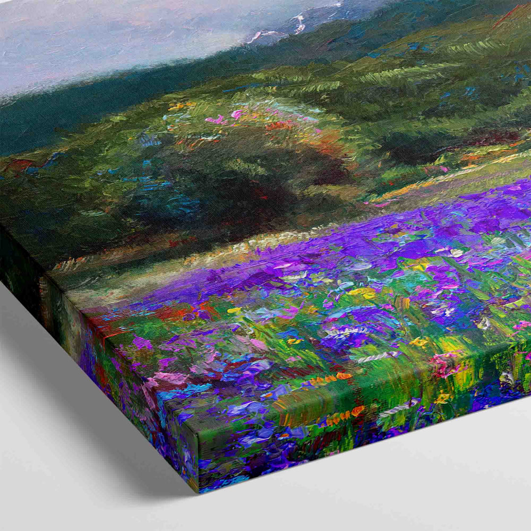Detail close up of Alaska art canvas print of original flower landscape painting painted with a palette knife in modern impressionism style depicting wild iris flower landscape with mountains and trees in the background.