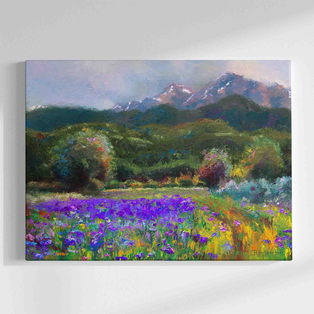 Alaska art canvas print of original flower landscape painting painted with a palette knife in modern impressionism style depicting wild iris flower landscape with mountains and trees in the background.