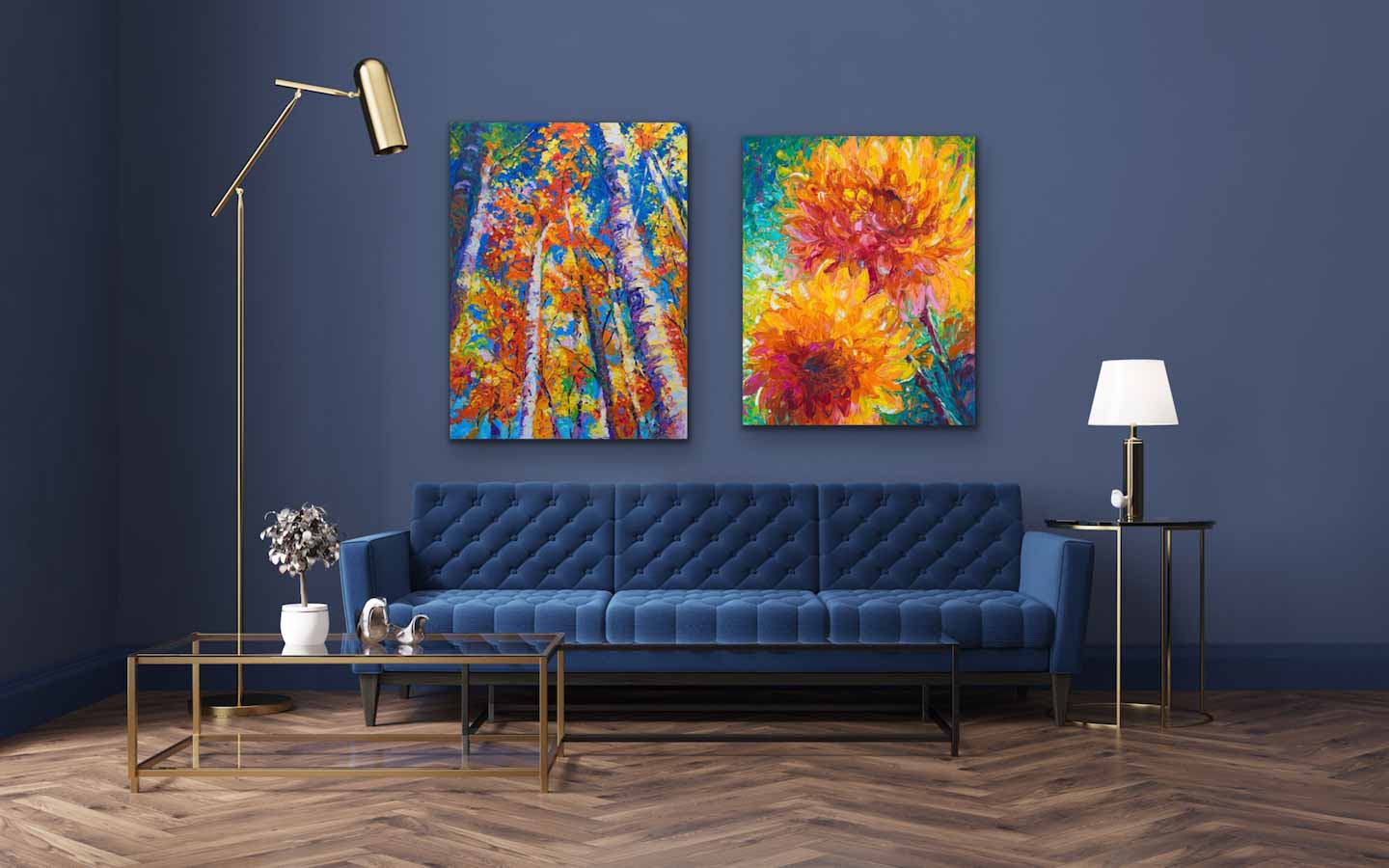Blue interior living room with colorful wall art of birch trees and dahlia painting by Talya Johnson