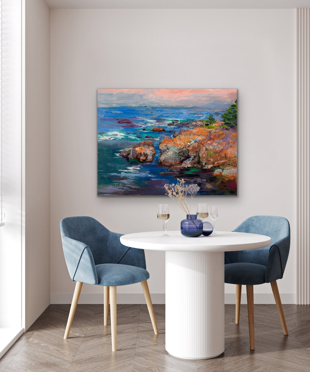 Extra large canvas print of Big Sur art hanging on simple interior wall