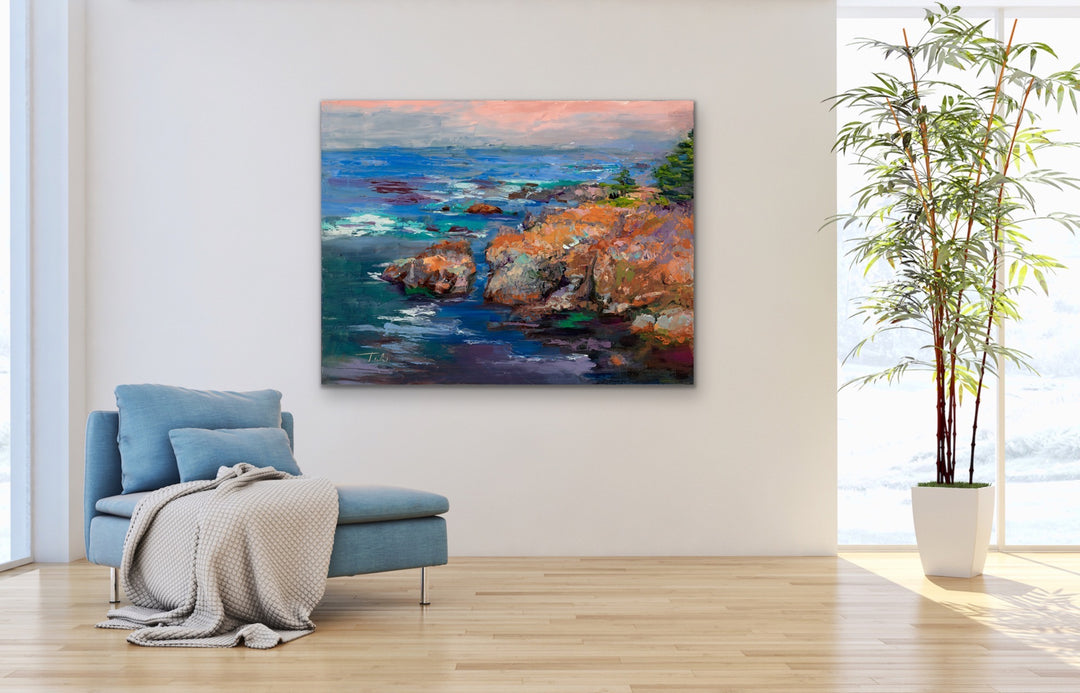 Extra large canvas print of Big Sur art hanging on simple interior wall