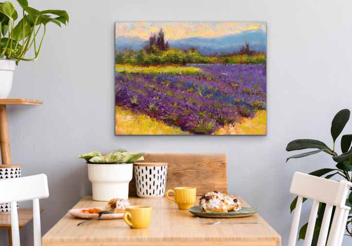 Lavender landscape painting of farm in Oregon by Talya Johnson on 27x36 in custom canvas print hanging on interior dining room wall.