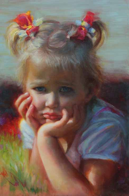 Impressionist oil portrait painting of little girl punting resting her chin on her hands by contemporary impressionist portrait artist Talya Johnson