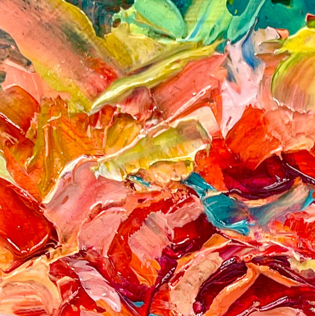 Close up detail of impasto texture of palette knife original oil painting depicting an abstract orange rose with blue green modern background.