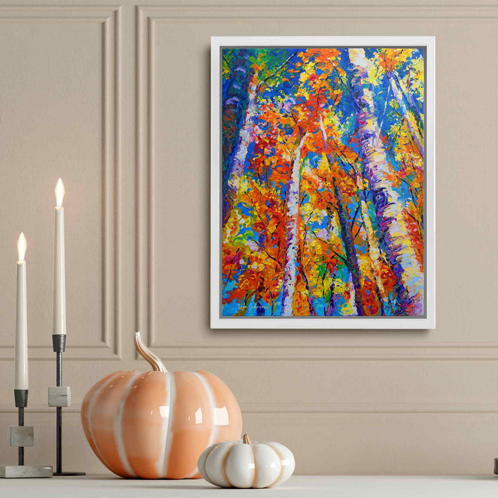 Fall birch and aspen canvas wall art print in white floater frame with fall decor in orange and blue of original oil painting by Oregon Artist Talya Johnson