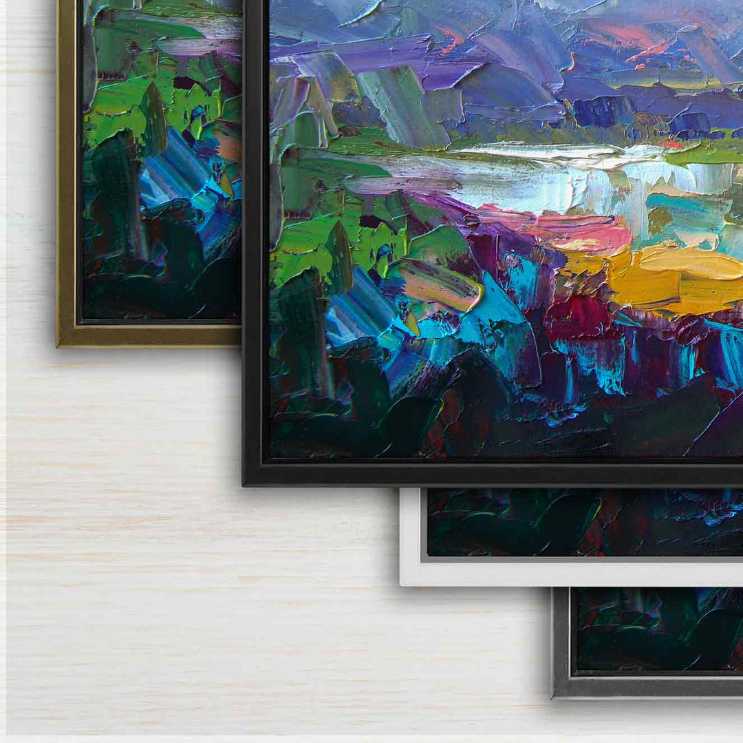 Gold, black, white, and silver floater frame corners on abstract landscape artwork.