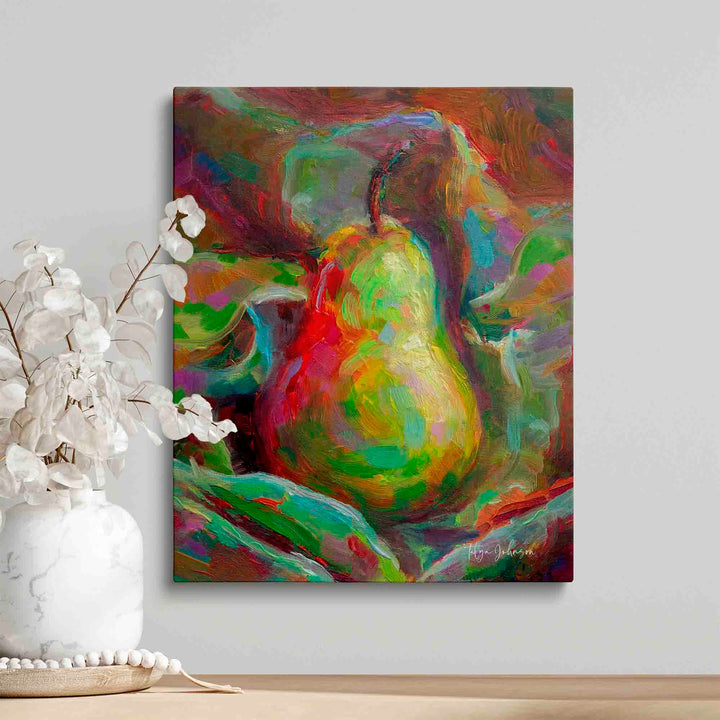 Wall art print on canvas of impressionist pear still life painting with minimalist decor