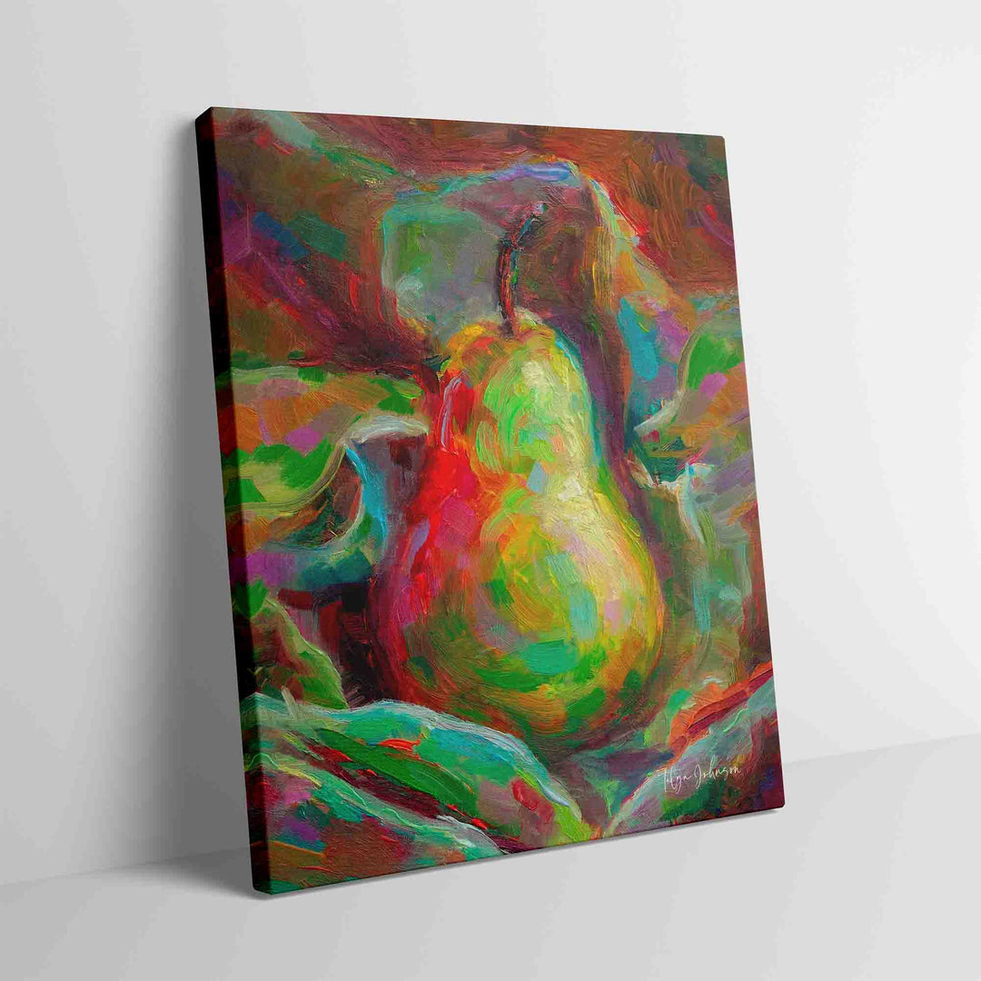 Gallery mirror wrap wall art print on canvas of impressionist pear still life painting leaning against a wall.