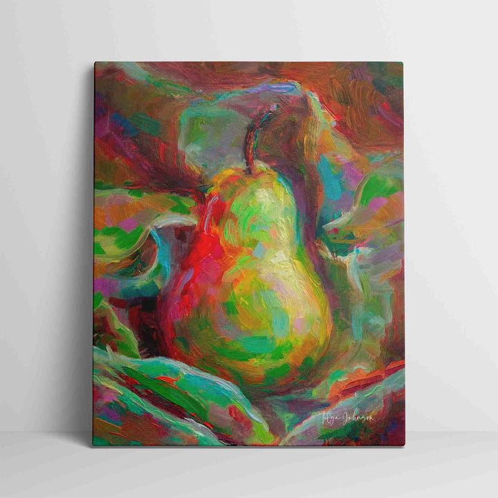 Wall art print on canvas of impressionist pear still life painting leaning against wall