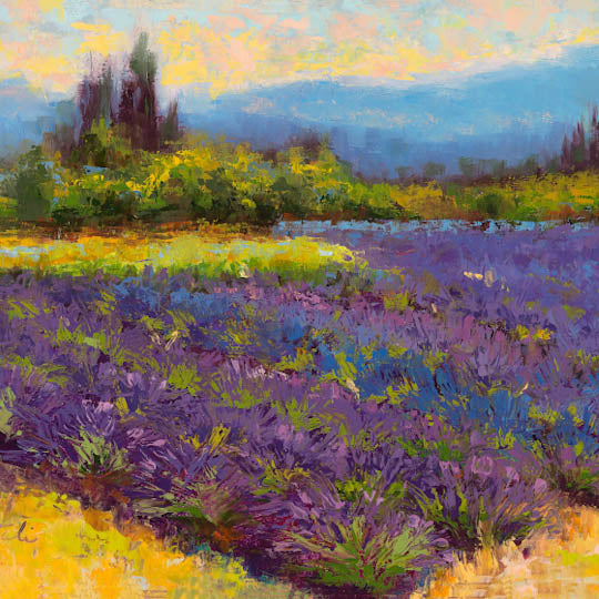 A colorful Impressionist or abstract landscape oil painting of Lavender Lake farm in Oregon, original artwork for sale painted by Talya Johnson