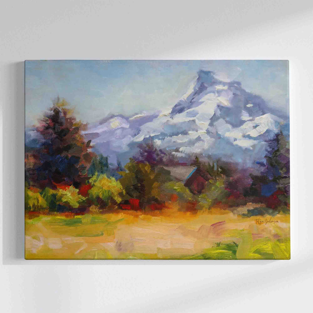 Canvas print of Original plein air oil painting of a Hood River farm with Mt. Hood, golden grass, and blue summer skies, capturing the serene beauty of Oregon's landscape in an original impressionist painting