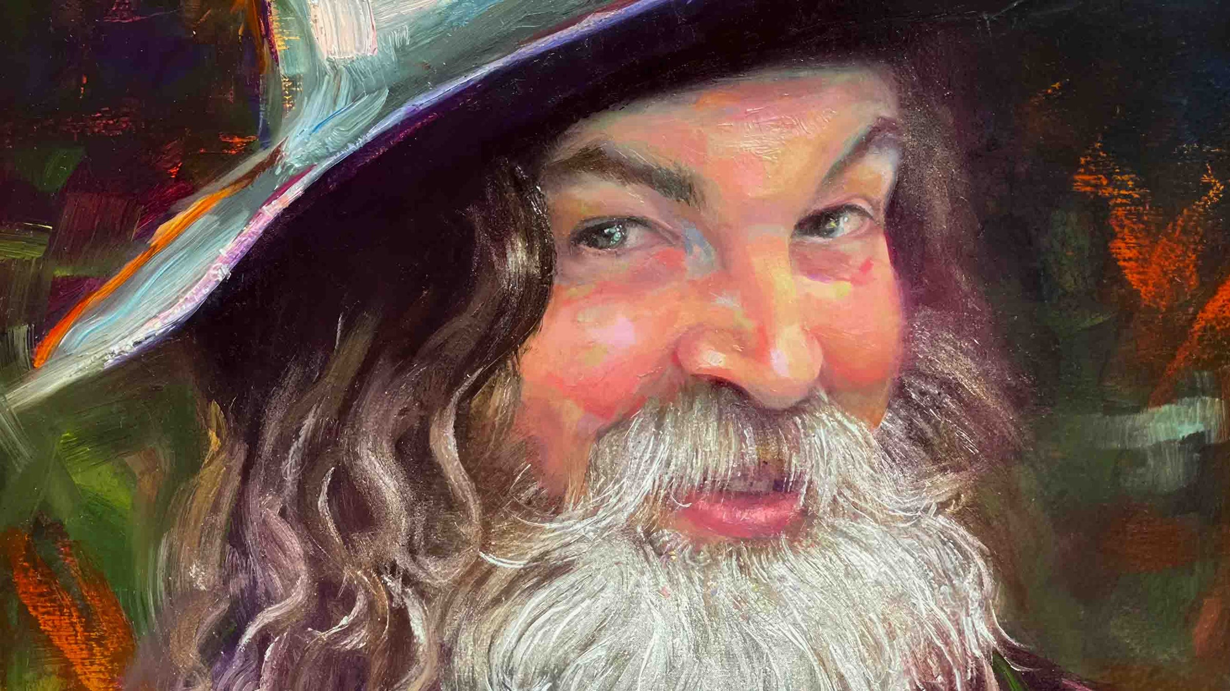Oil portrait painted of bearded man with a hat.