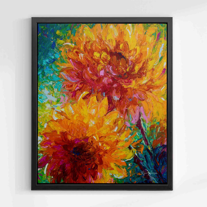 Black floater frame with orange wall art canvas print giclee of intertwining orange dahlia painting with yellow and red and magenta centers painted on an abstracted blue green background.