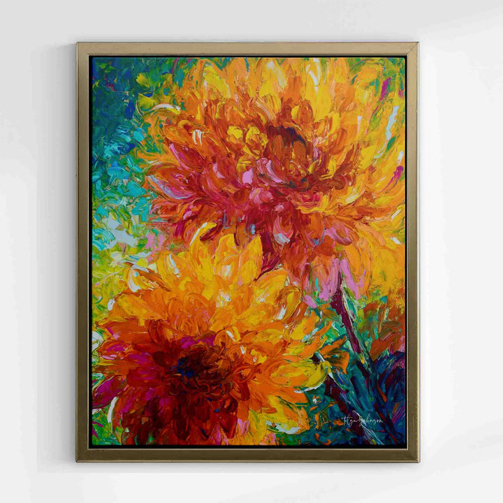 Gold floater frame with orange wall art canvas print giclee of intertwining orange dahlia painting with yellow and red and magenta centers painted on an abstracted blue green background.