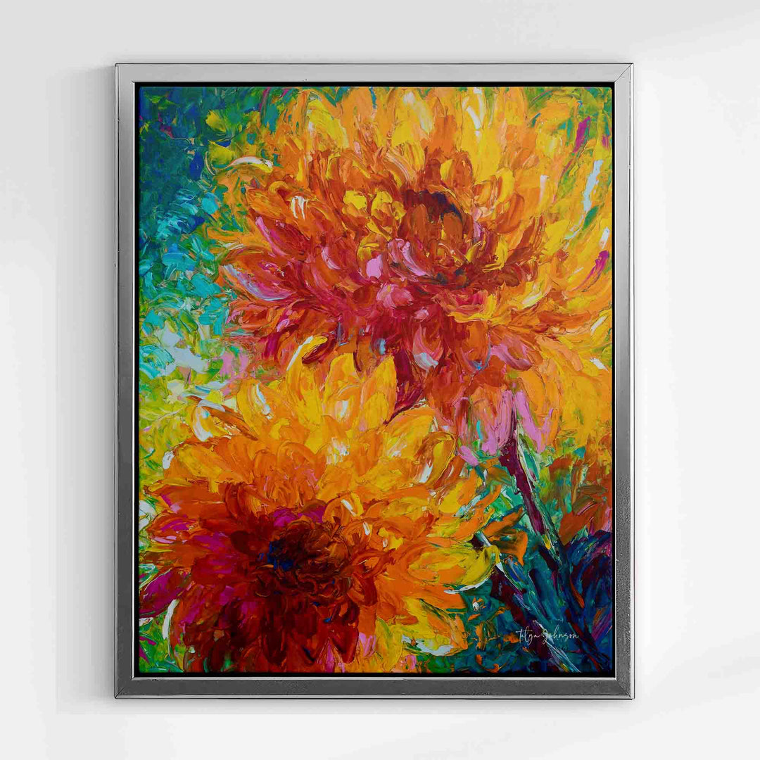 Silver floater frame with orange wall art canvas print giclee of intertwining orange dahlia painting with yellow and red and magenta centers painted on an abstracted blue green background.