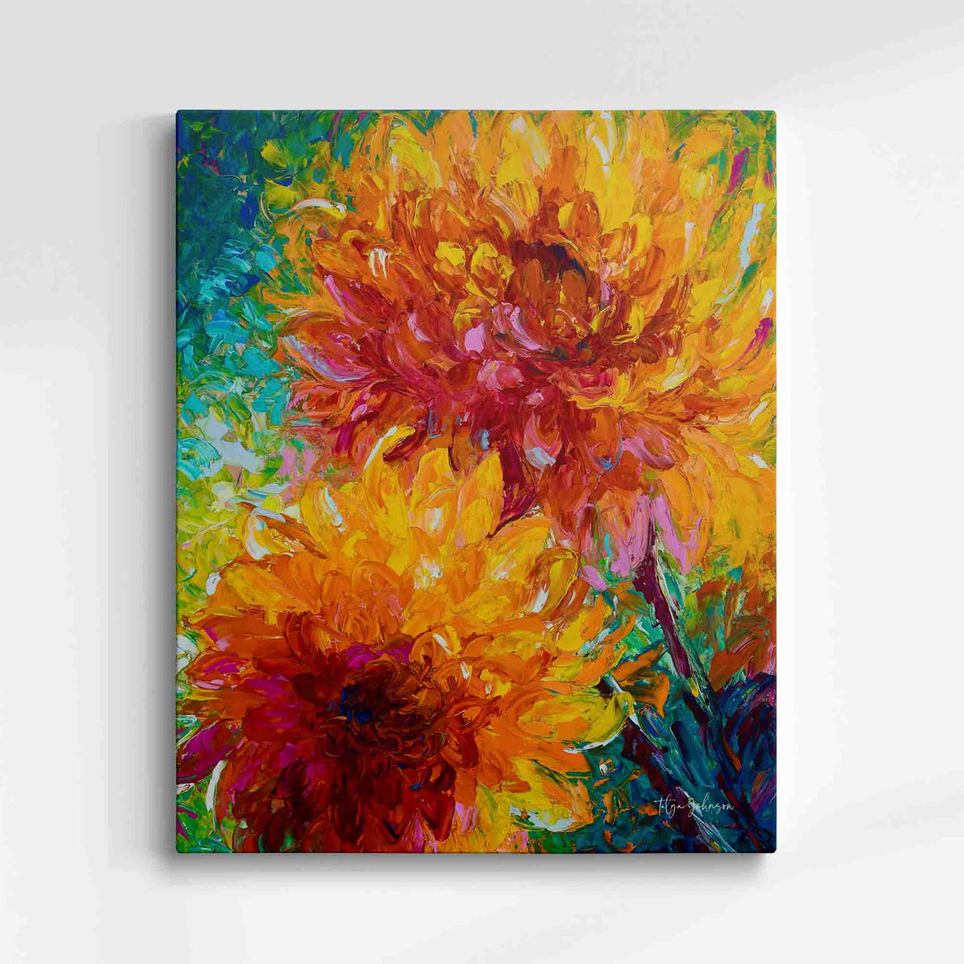 Vertical Orange wall art canvas print giclee of intertwining orange dahlia painting with yellow and red and magenta centers painted on an abstracted blue green background.