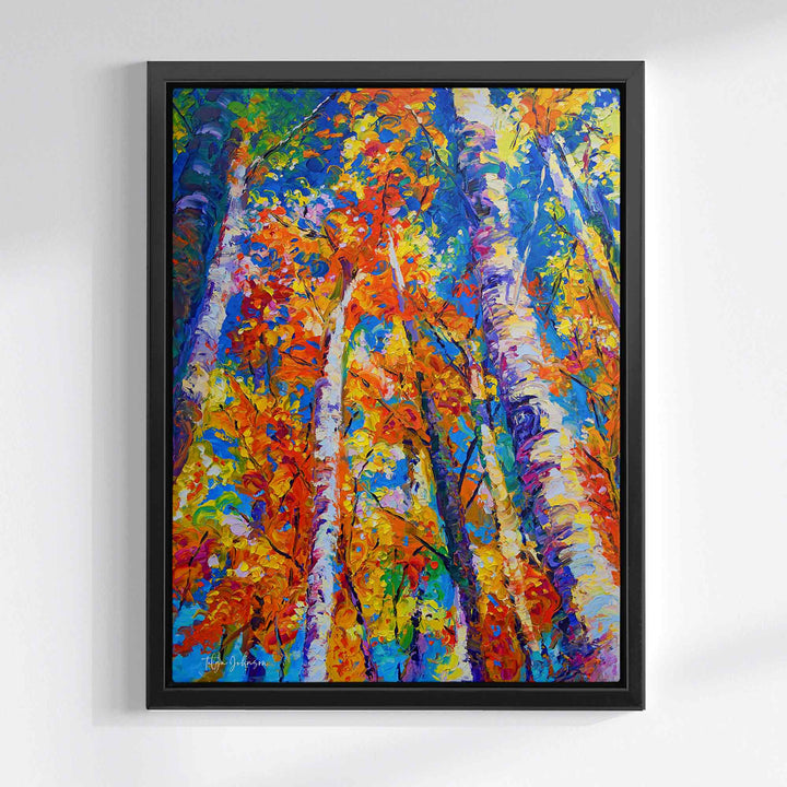 Fall birch and aspen canvas wall art print in orange and blue of original oil painting by Oregon Artist Talya Johnson in black float frame