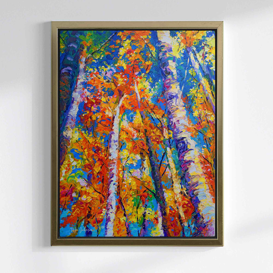 Fall birch and aspen canvas wall art print in orange and blue of original oil painting by Oregon Artist Talya Johnson in gold float frame
