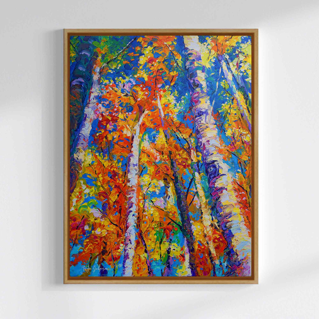 Fall birch and aspen canvas wall art print in orange and blue of original oil painting by Oregon Artist Talya Johnson in natural wood float frame