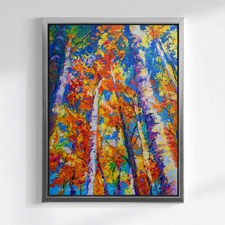 Fall birch and aspen canvas wall art print in orange and blue of original oil painting by Oregon Artist Talya Johnson in silver float frame