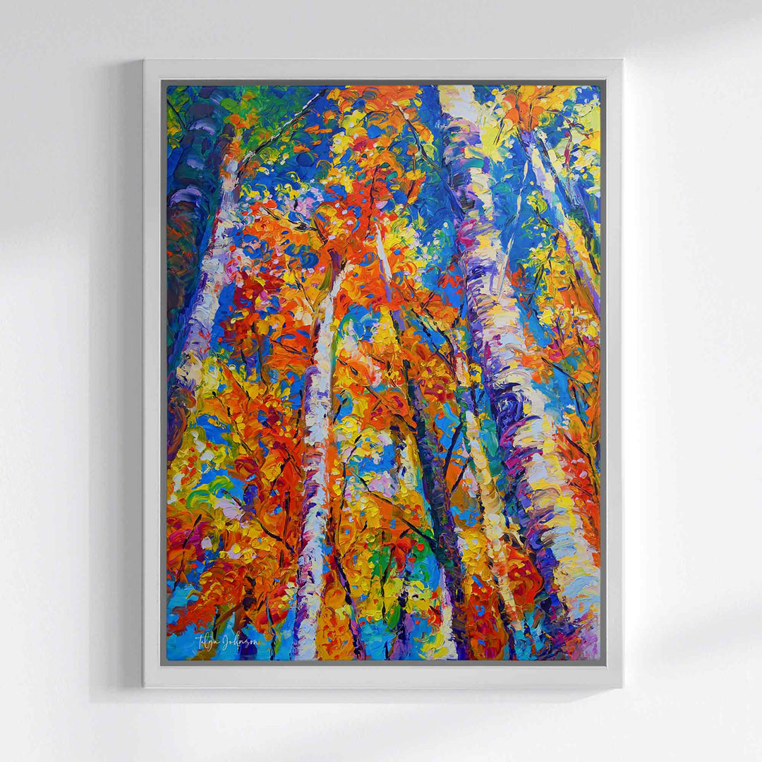 Fall birch and aspen canvas wall art print in orange and blue of original oil painting by Oregon Artist Talya Johnson in white float frame
