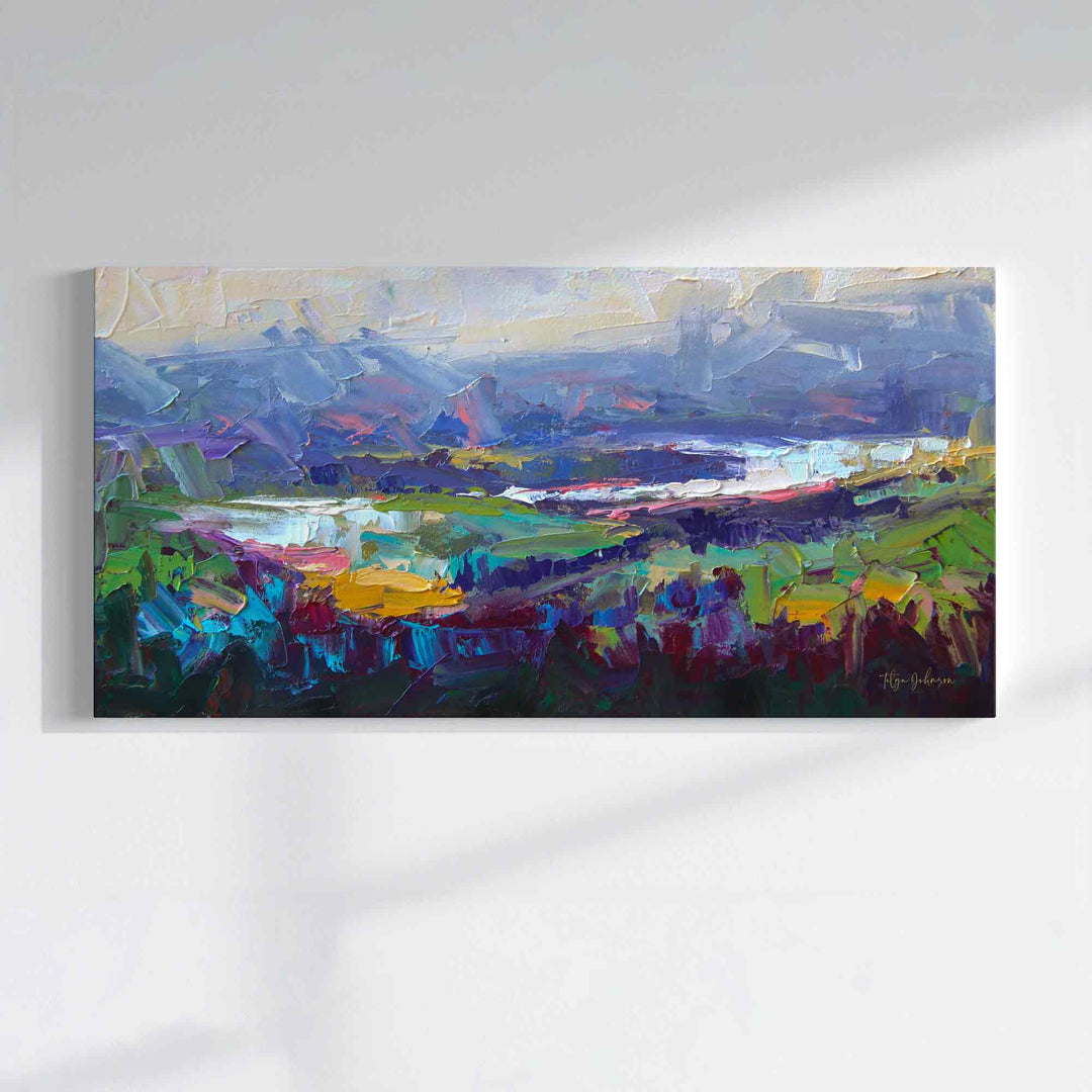 Panoramic canvas wall art of abstract landscape painting painted with palette knife of Pacific Northwest valley by Oregon artist Talya Johnson.