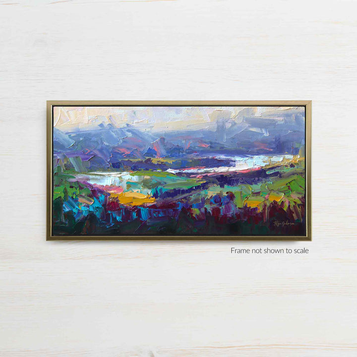 Gold Framed canvas wall art of abstract landscape painting painted with palette knife of Pacific Northwest valley by Oregon artist Talya Johnson.