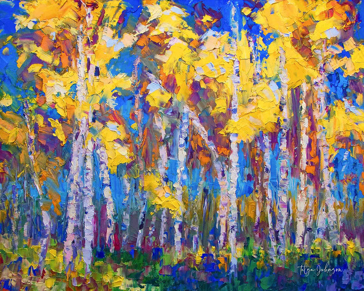 Last Stand: Aspen and birch tree impressionist canvas print in yellow and blue by Talya Johnson