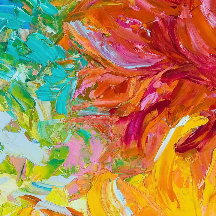Detail close-up of palette knife and brush work of Passion, an impressionist palette knife vertical oil painting of two orange dahlias, with yellow outer petals and magenta red centers.