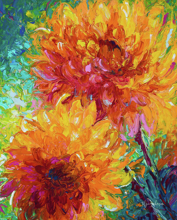 Vertical Orange wall art print giclee of intertwining orange dahlia painting with yellow and red and magenta centers painted on an abstracted blue green background.