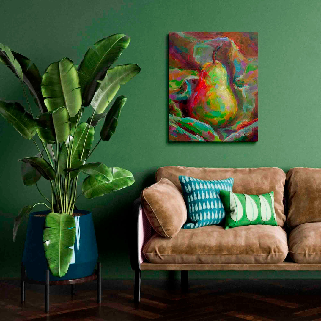 Wall art print on canvas of impressionist pear still life painting hanging in green room with plant and beige sofa,