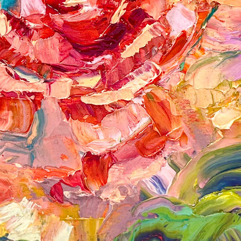 Close up detail of impasto texture of palette knife original oil painting depicting an abstract orange rose with blue green modern background.