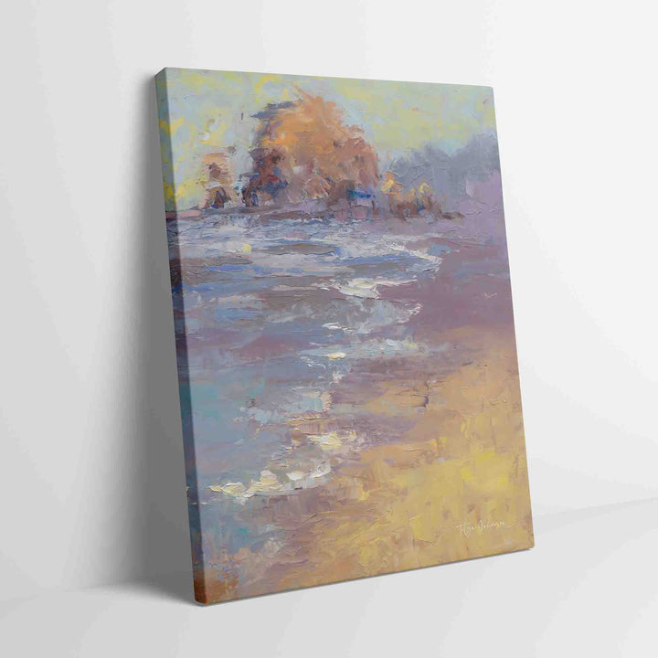 Canvas print of Original palette knife oil painting featuring Haystack Rock in Cannon Beach Oregon by Talya Johnson. Mirror wrap profile.